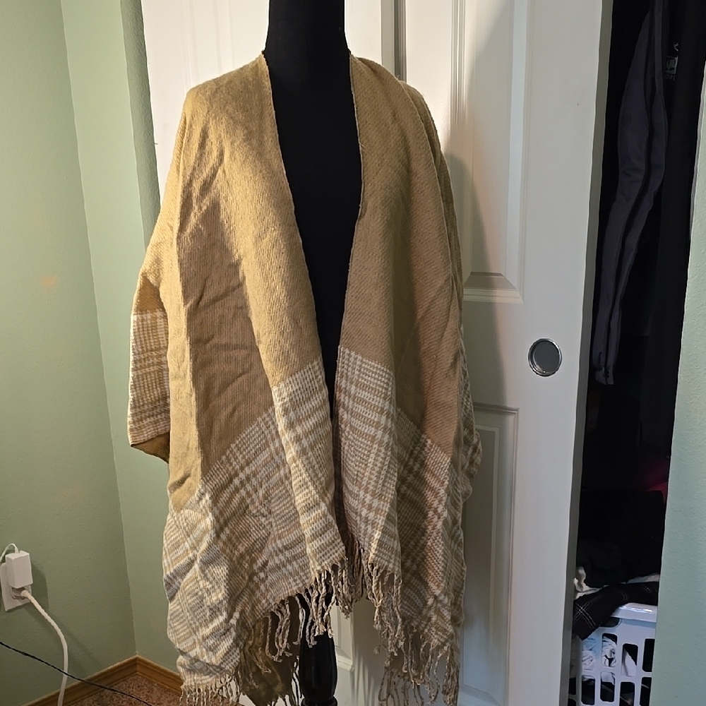 Tan and Cream Plaid Shawl with Fringe